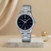 Casio LTP-V005D-1B ladies black dial watch with silver stainless-steel bracelet and minimalist 12 and 6 markers