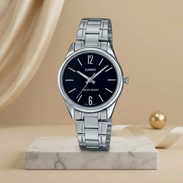Casio LTP-V005D-1B ladies black dial watch with silver stainless-steel bracelet and minimalist 12 and 6 markers