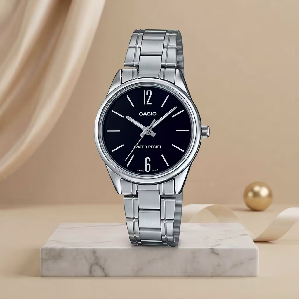 Casio LTP-V005D-1B ladies black dial watch with silver stainless-steel bracelet and minimalist 12 and 6 markers