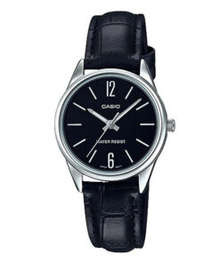 casio-ltp-v005l-1b black leather band analog black numeric dial female dress watch