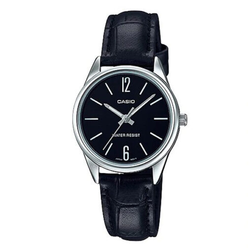 casio-ltp-v005l-1b black leather band analog black numeric dial female dress watch