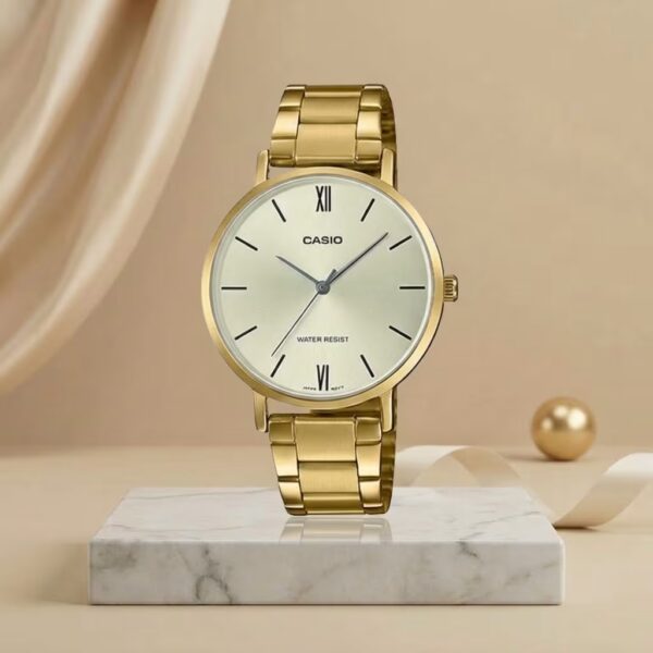 Casio LTP-VT01G-9B ladies gold-tone minimalist watch with light champagne dial and gold stainless-steel bracelet
