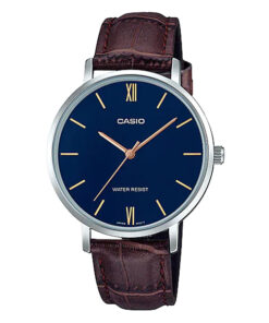casio ltp-vt01l-2b brown leather band blue analog dial female dress watch