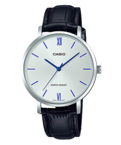 casio-ltp-vt01l-7b1 black leather band white analog roman dial female dress watch