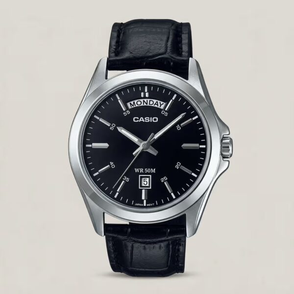 Casio men's black dial watch with black leather strap, day-date display and 50M water resistance