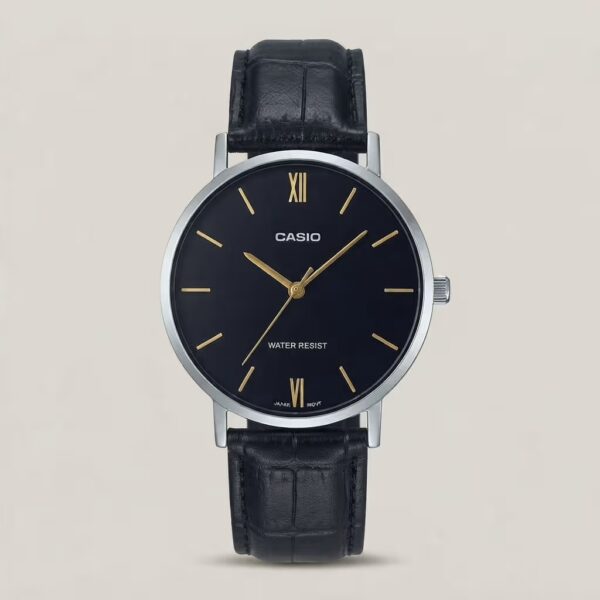 Casio men's black dial watch with silver-tone case, black leather strap and gold-tone hands and hour markers