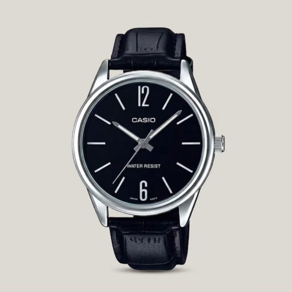 Casio men's black dial watch with silver-tone case, black leather strap and minimalist hour markers