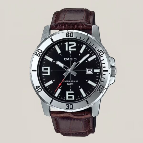 Casio men's black dial watch with silver-tone bezel, brown leather strap, date display and 50M water resistance