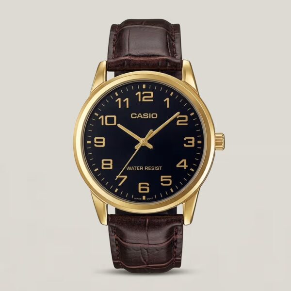 Casio men's black dial watch with gold-tone case, brown leather strap and gold-tone Arabic numeral hour markers