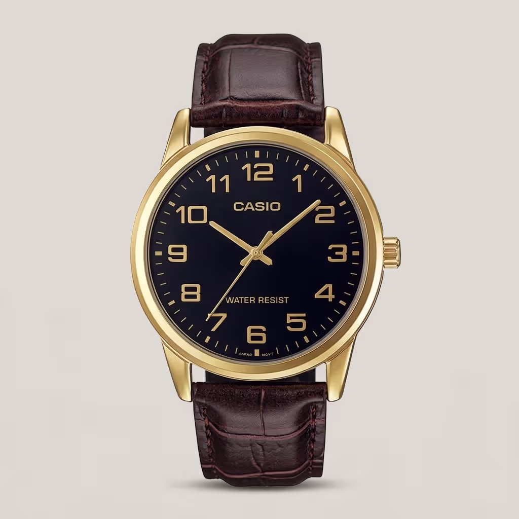 Casio men's black dial watch with gold-tone case, brown leather strap and gold-tone Arabic numeral hour markers