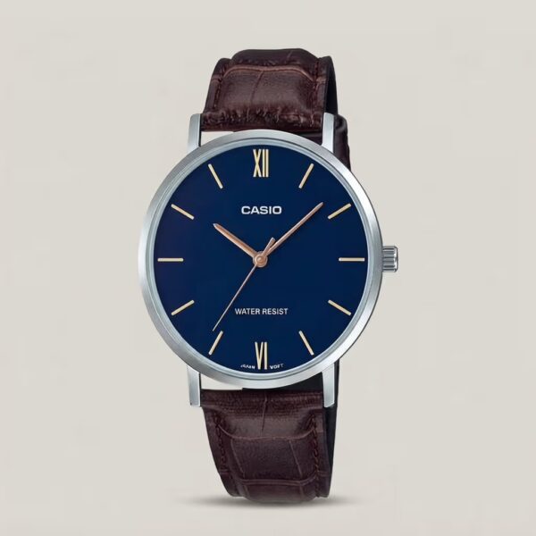 Casio men's blue dial watch with brown leather strap, silver-tone case and rose-gold hands and hour markers