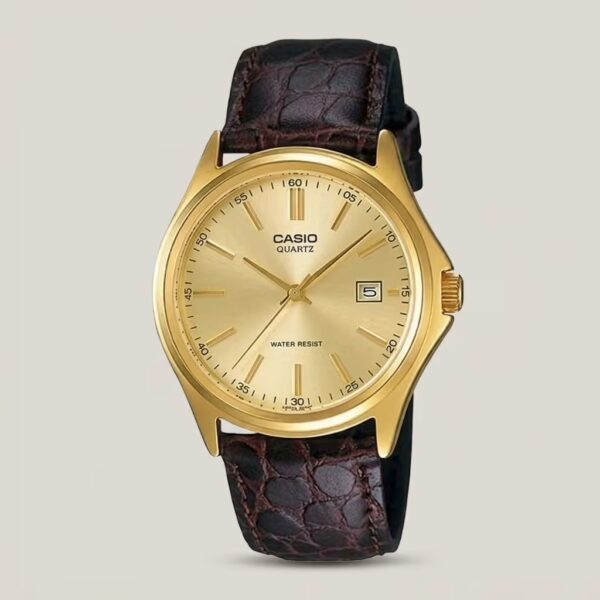 Casio men's gold-tone watch with champagne dial, brown leather strap and date display