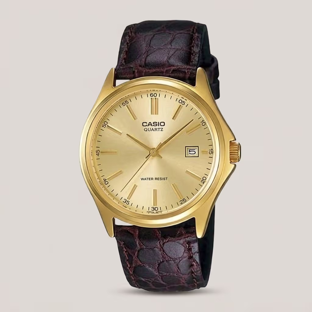 Casio men's gold-tone watch with champagne dial, brown leather strap and date display