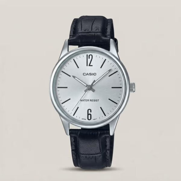 Casio men's silver sunray dial watch with silver-tone case, black leather strap and minimalist hour markers