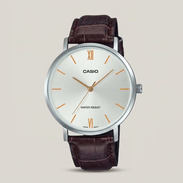 Casio men's silver dial watch with brown leather strap, silver-tone case and rose-gold hands and hour markers