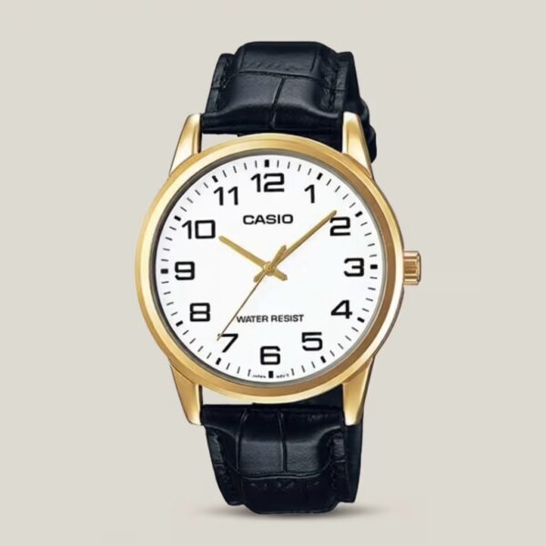 Casio men's white dial watch with gold-tone case, black leather strap and bold Arabic numeral hour markers