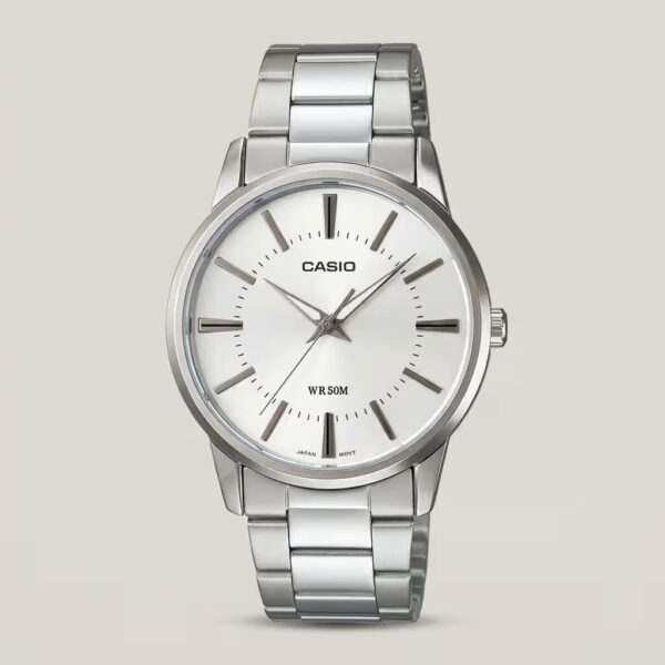 casio mtp-1303d-7a silver stainless steel chain wahite analog dial men;s wrist watch