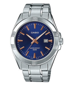 casio mtp-1308d-2a blue analog dial silver stainless steel men's wrist watch