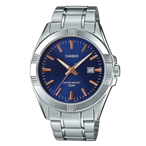 casio mtp-1308d-2a blue analog dial silver stainless steel men's wrist watch