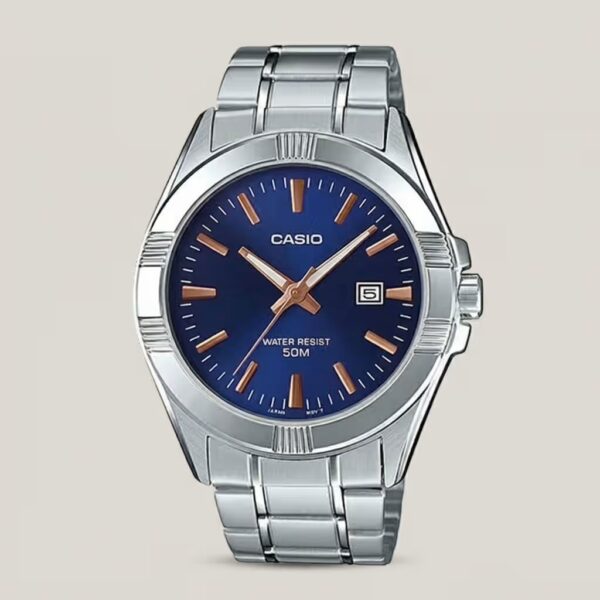 casio mtp-1308d-2a blue analog dial silver stainless steel men's wrist watch