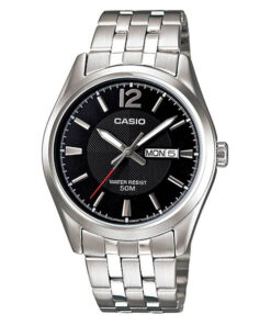 casio mtp-1335d-1a silver stainless steel black analog dial men's gift watch
