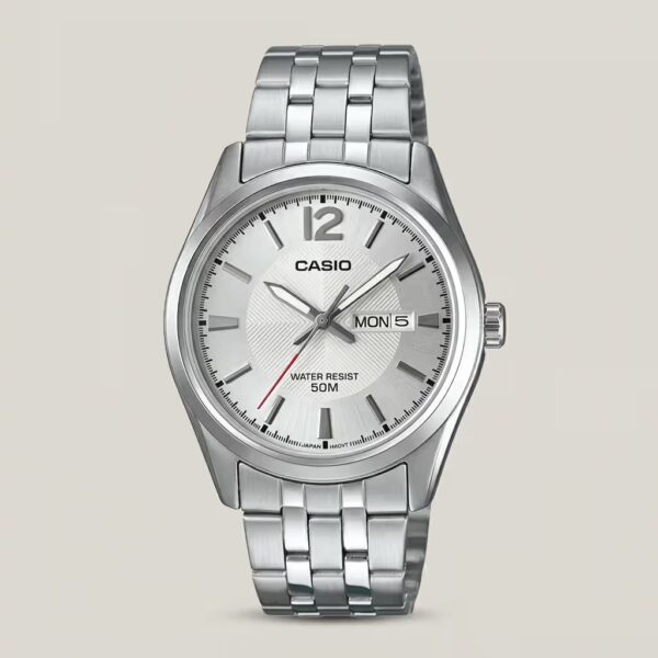 Casio MTP-1335D-7A silver dial stainless steel watch with day and date display, hardlex crystal, and 50-meter water resistance.