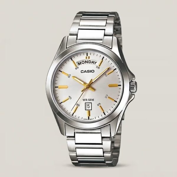 Casio MTP-1370D-7A2 stainless steel watch with silver dial, gold-tone markers, wide day-date display, and 50-meter water resistance.