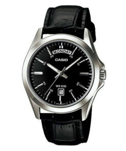 casio mtp-1370l-1a black leather band black analog dial men's wrist watch