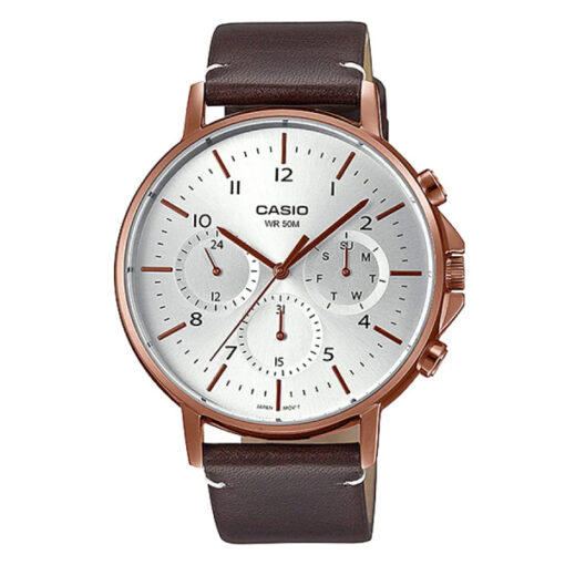 casio mtp-e321rl-5a brown leather band silver analog dial men's wrist watch