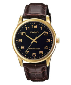 casio mtp-v001gl-1b black analog dial brown leather band men's dress watch
