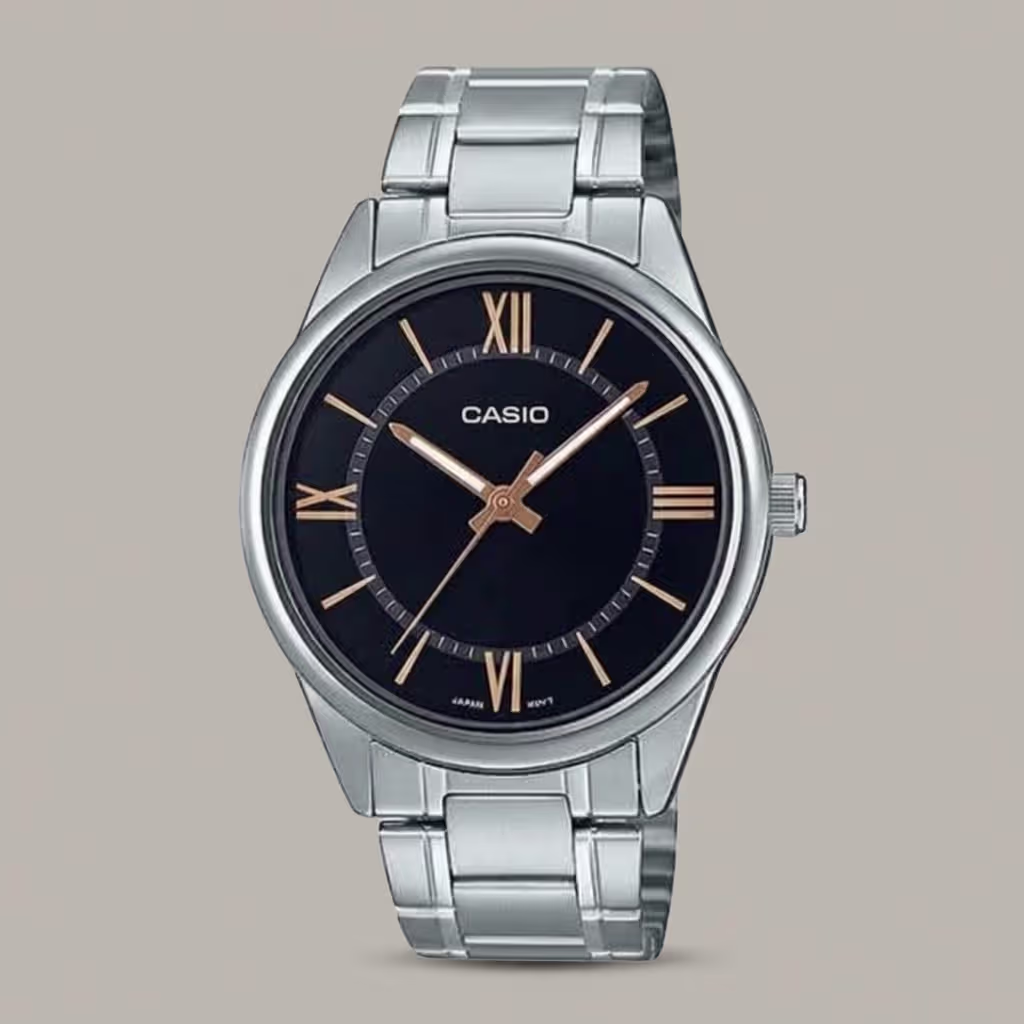 casio mtp-v005d-1b5 silver stainless steel balck analog dial men's gift watch
