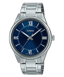 casio mtp-v005d-2b5 blue analog roman dial silver stainless steel men's gift watch