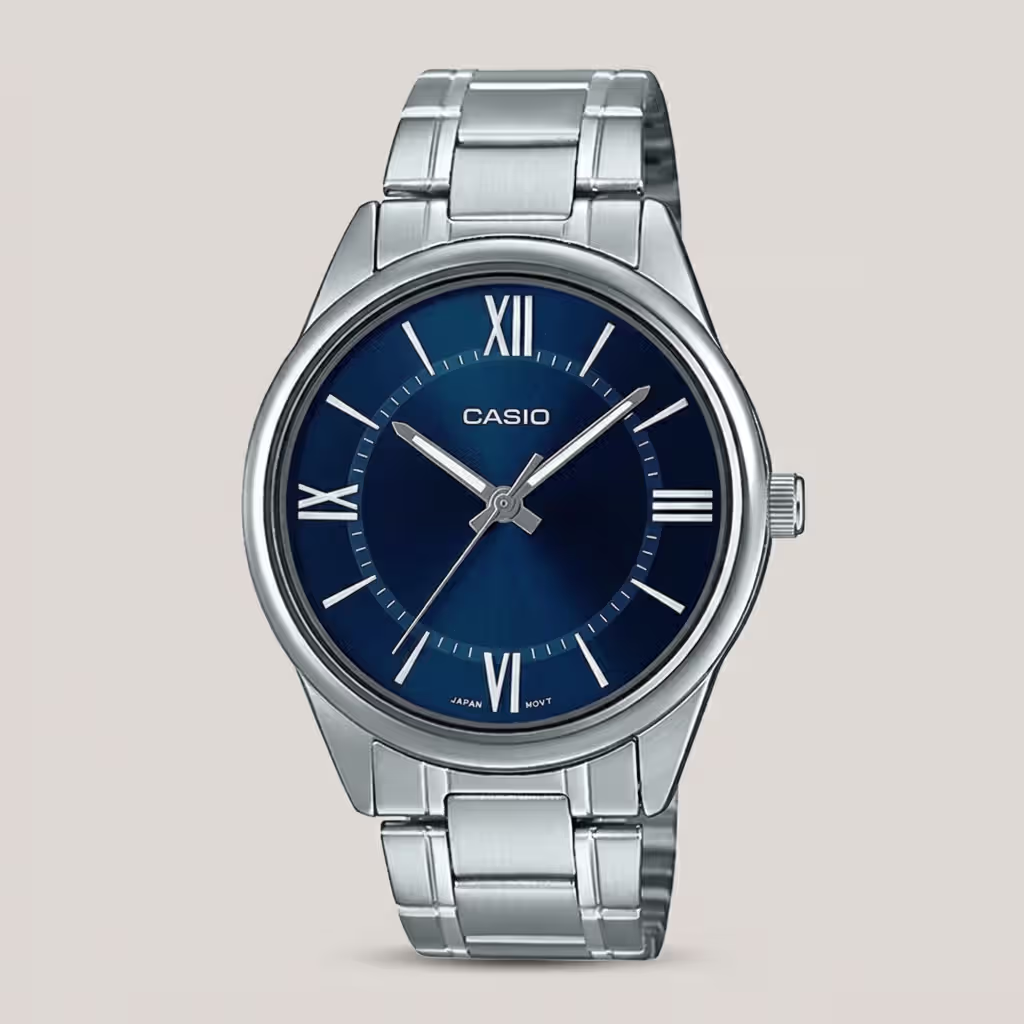 casio mtp-v005d-2b5 blue analog roman dial silver stainless steel men's gift watch