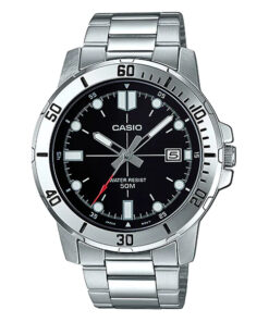 casio mtp-vd01d-1e balck analog dial silver stainless steel enticer men's wrist watch
