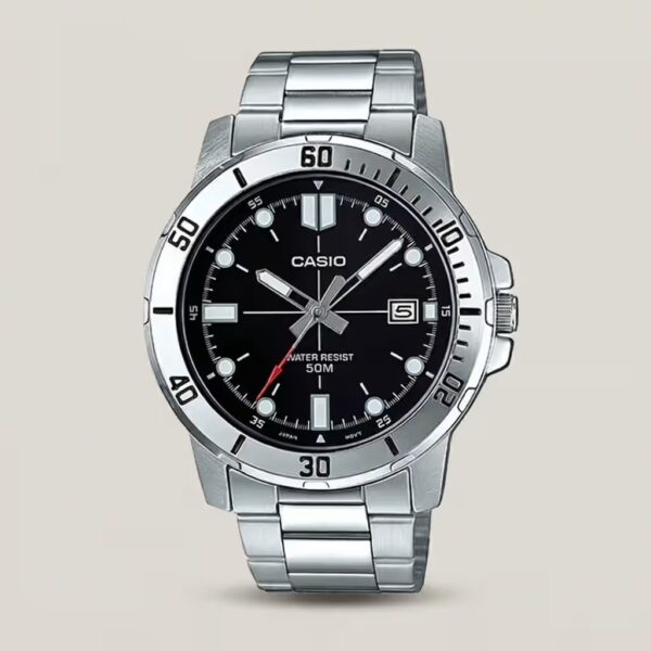 casio mtp-vd01d-1e balck analog dial silver stainless steel enticer men's wrist watch
