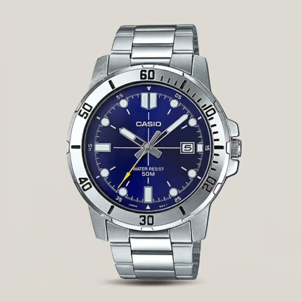 casio mtp-vd01d-2e blue analog dial silver stainless steel men's wrist watch