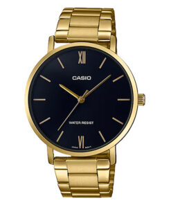 casio mtp-vt01g-1b golden stainless steel & black dial men's analog gift watch