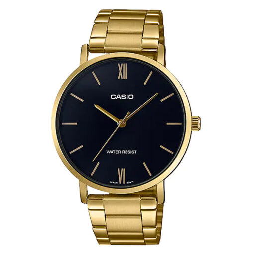 casio mtp-vt01g-1b golden stainless steel & black dial men's analog gift watch