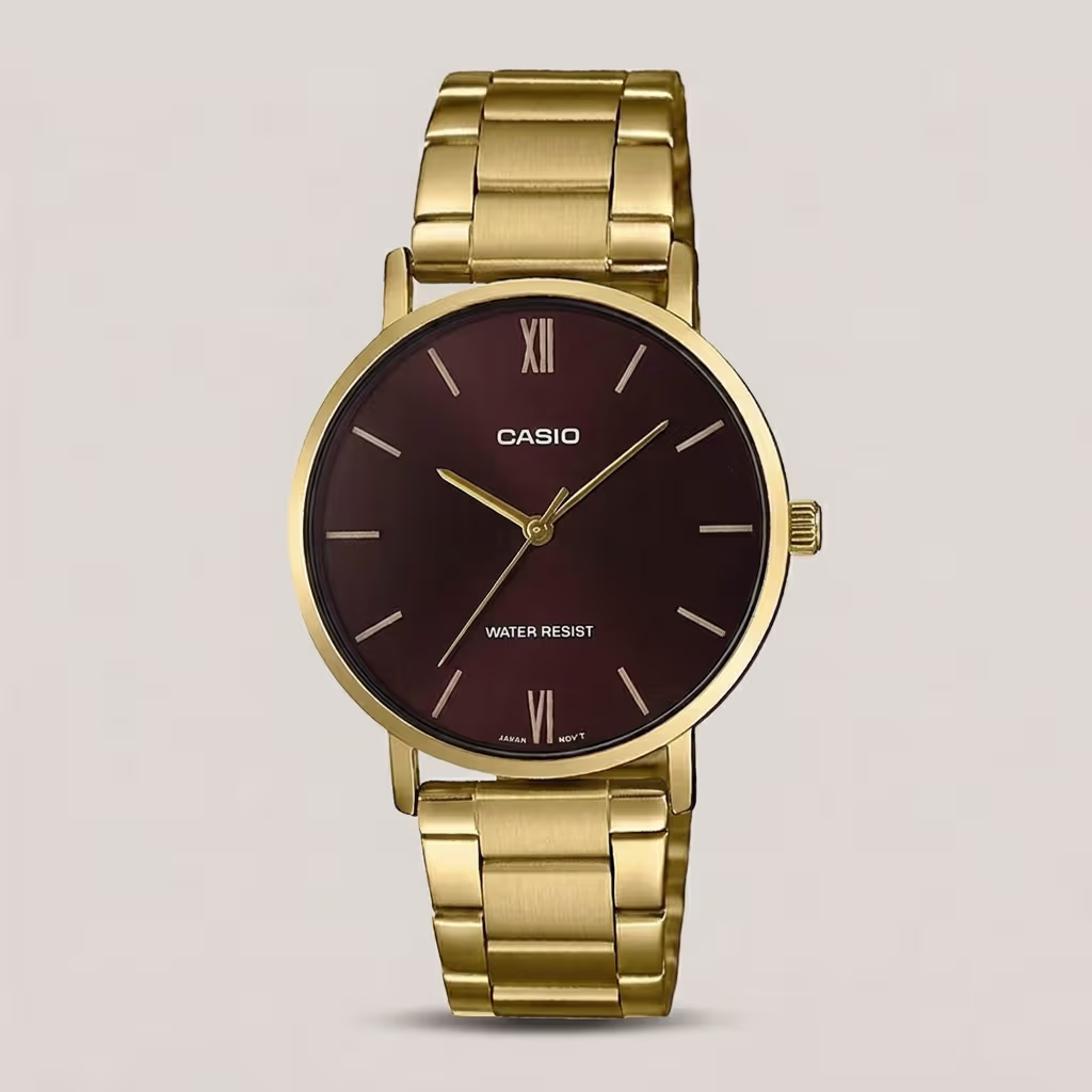 casio mtp-vt01g-5b golden stainless steel & brown dial men's analog wrist watch