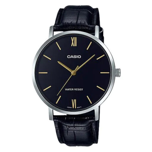 casio mtp-vt01l-1b balck analog dial black leather band men's gift watch