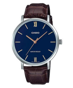 casio mtp-vt01l-2b blue analog roman dial brown leather band men's dress watch