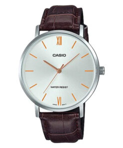 casio mtp-vt01l-7b2 silver analog roman dial brown leather band men's dress watch
