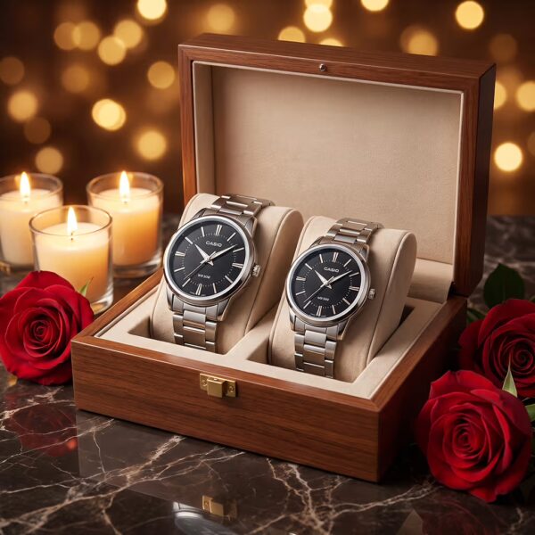 Casio black dial couple gift watch set in a box
