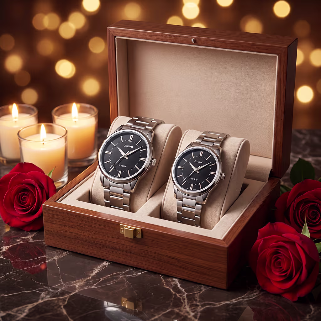 Casio black dial couple gift watch set in a box