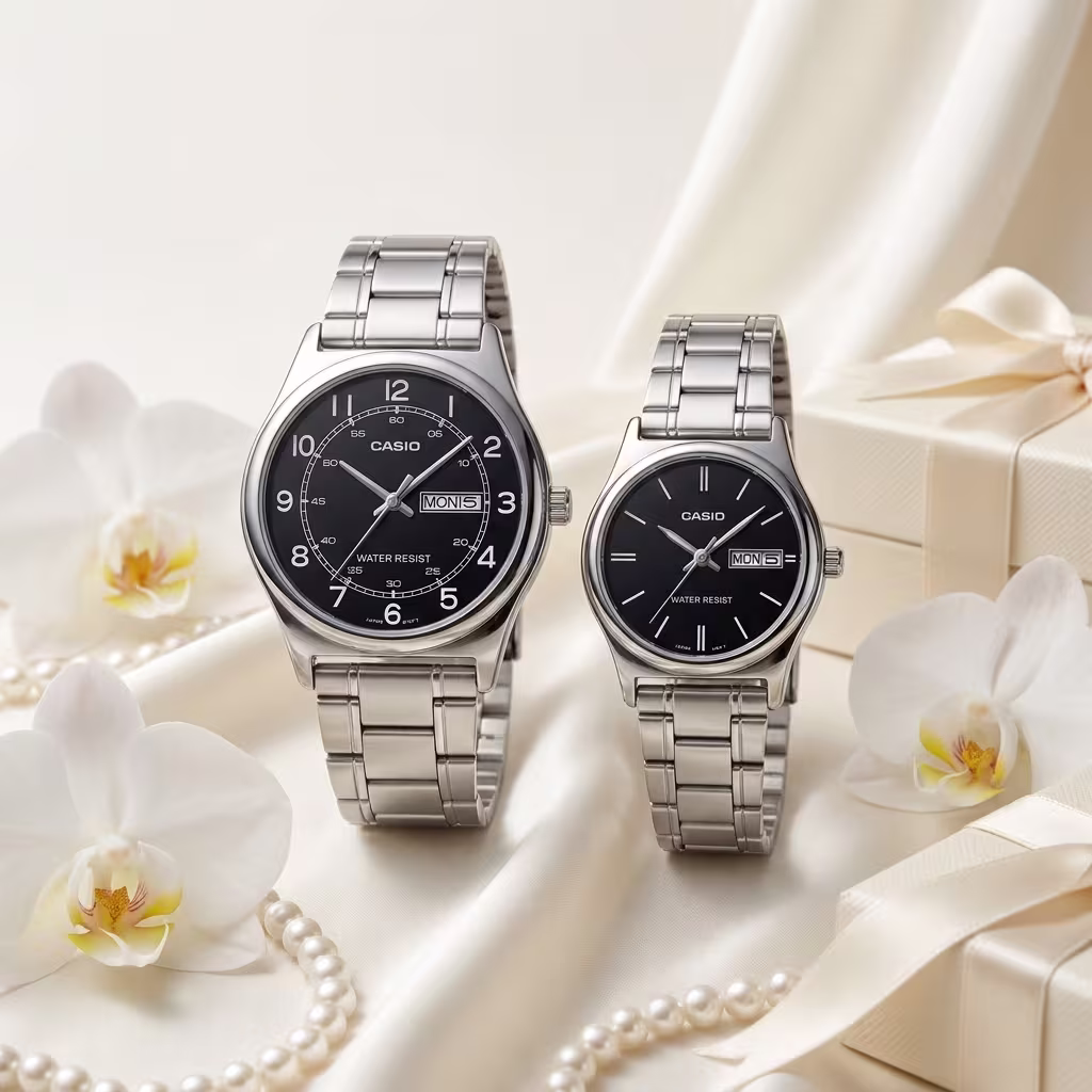 Anniversary Gift Watches for Couples | Casio Black Dial Stainless Steel Couple Watch Set