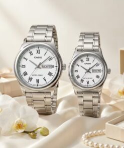 Anniversary Gift Watches for Couples | Casio White Roman Dial Silver Couple Watch Set