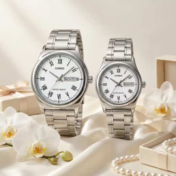 Anniversary Gift Watches for Couples | Casio White Roman Dial Silver Couple Watch Set