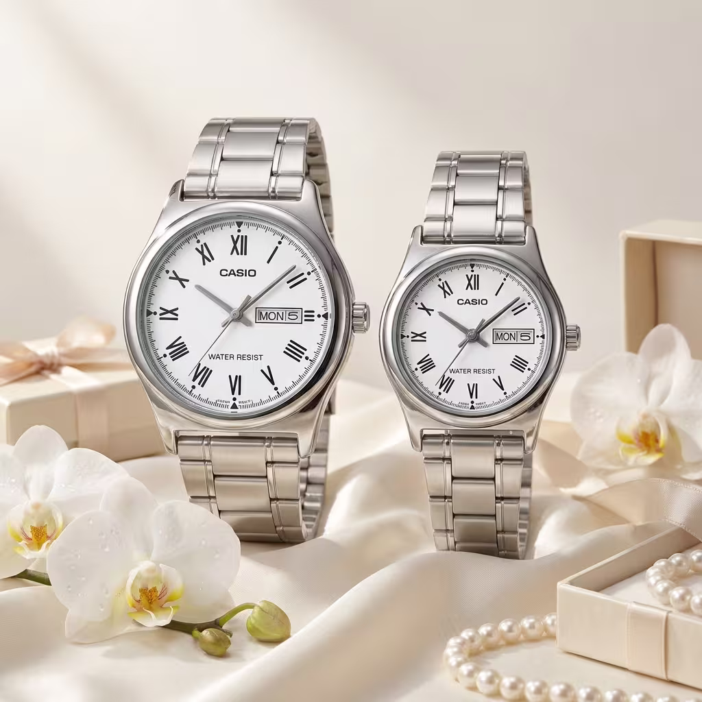 Anniversary Gift Watches for Couples | Casio White Roman Dial Silver Couple Watch Set