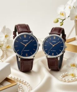 Casio Blue Dial Leather Couple Watch Set | Elegant Anniversary & Engagement Gift Watches