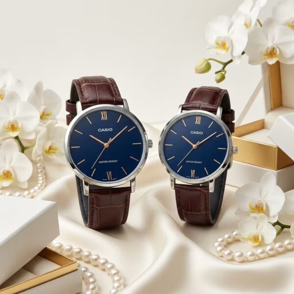 Casio Blue Dial Leather Couple Watch Set | Elegant Anniversary & Engagement Gift Watches